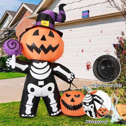 6 FT Outdoor Halloween Inflatables Pumpkin with Skull Body & LED Lights