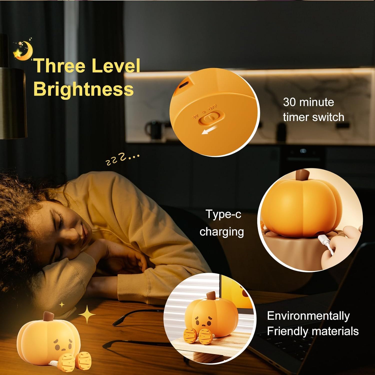 Pumpkin Night Light, 3 Level Dimmable LED Nursery Nightlight,Cute Bedside Lamp for Kids,Rechargeable Pumpkin Lamp for Girls Boys Room Decor, Silicone Baby Kids Night Light