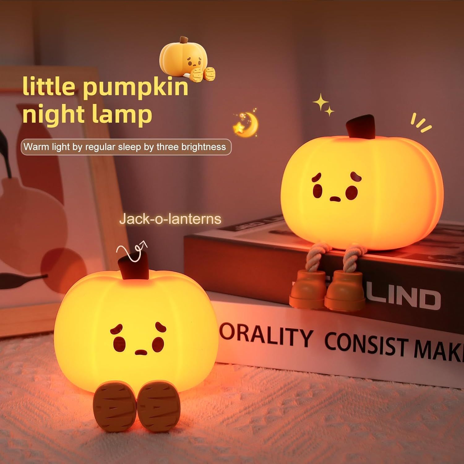 Pumpkin Night Light, 3 Level Dimmable LED Nursery Nightlight,Cute Bedside Lamp for Kids,Rechargeable Pumpkin Lamp for Girls Boys Room Decor, Silicone Baby Kids Night Light