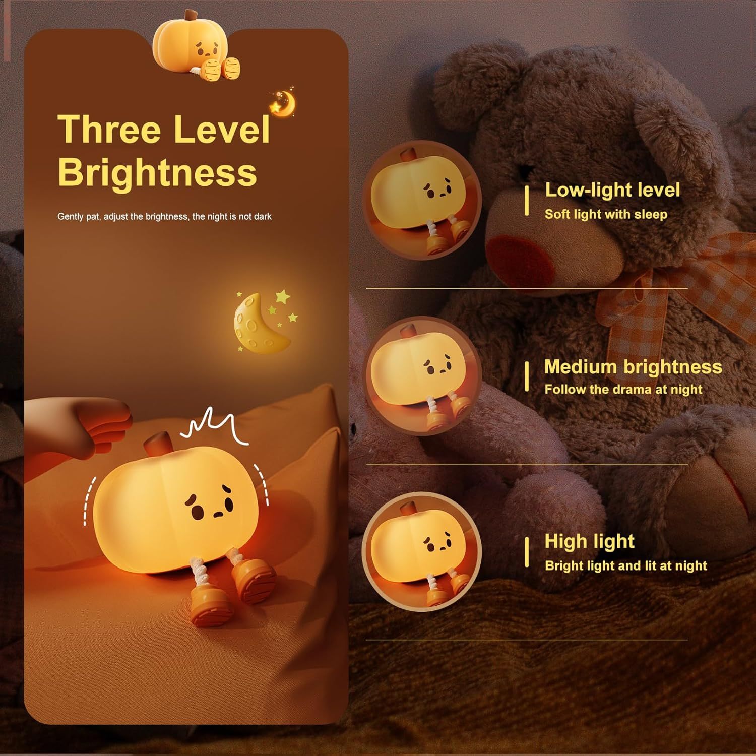Pumpkin Night Light, 3 Level Dimmable LED Nursery Nightlight,Cute Bedside Lamp for Kids,Rechargeable Pumpkin Lamp for Girls Boys Room Decor, Silicone Baby Kids Night Light