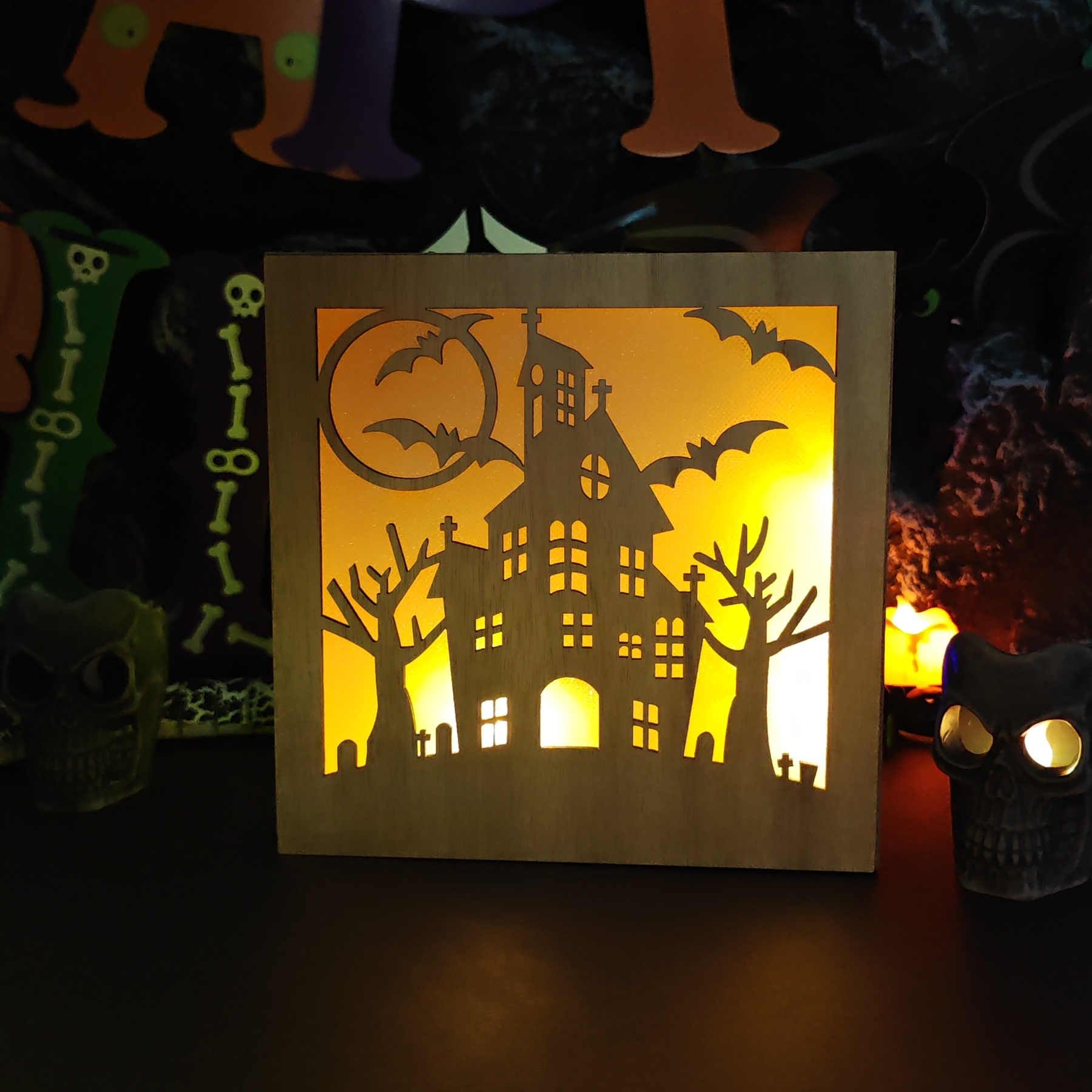 🎃Wooden Handmade Halloween Decoration LED Lights👻