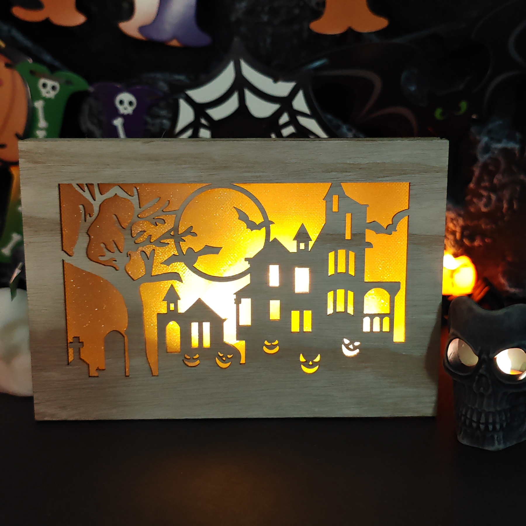🎃Wooden Handmade Halloween Decoration LED Lights👻
