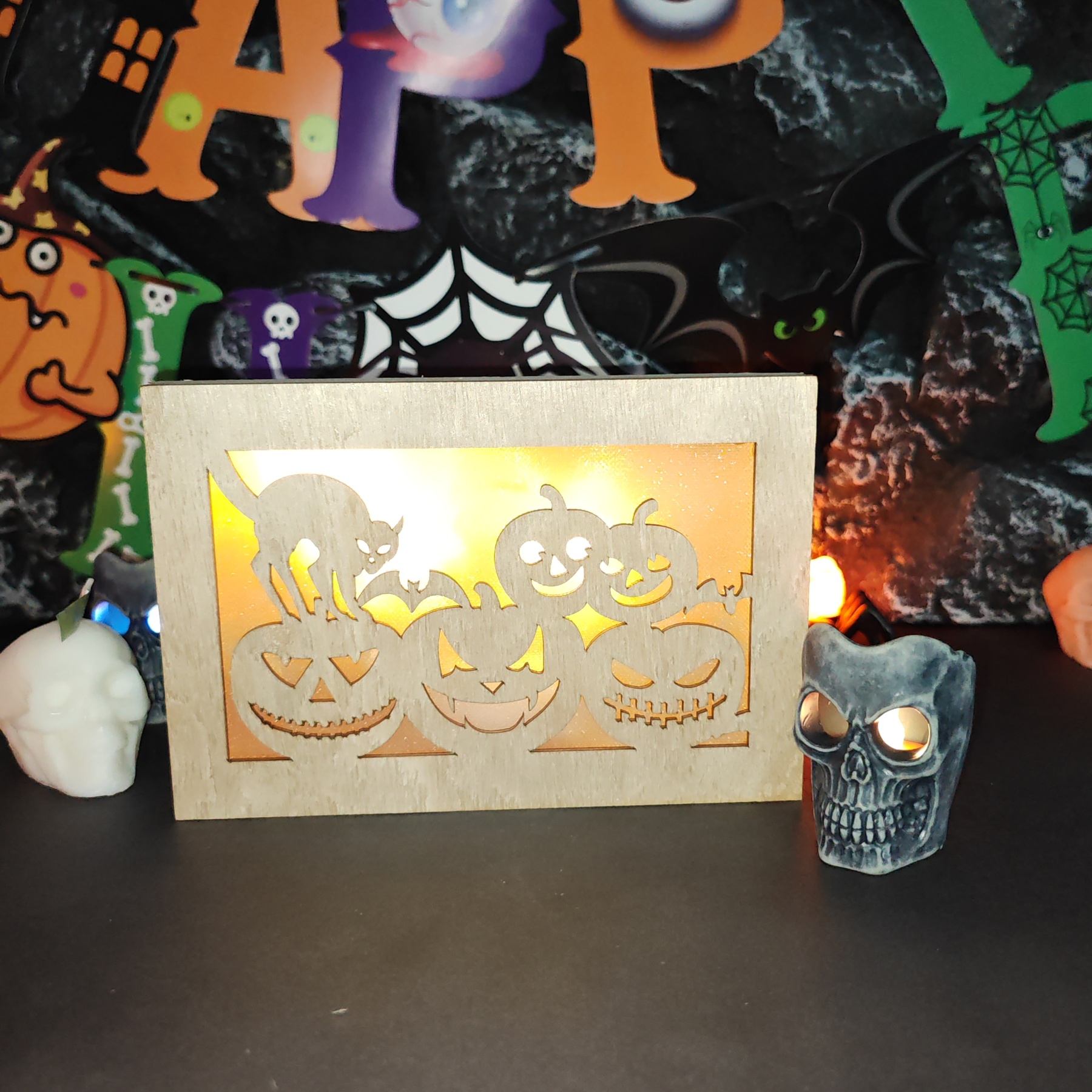 🎃Wooden Handmade Halloween Decoration LED Lights👻