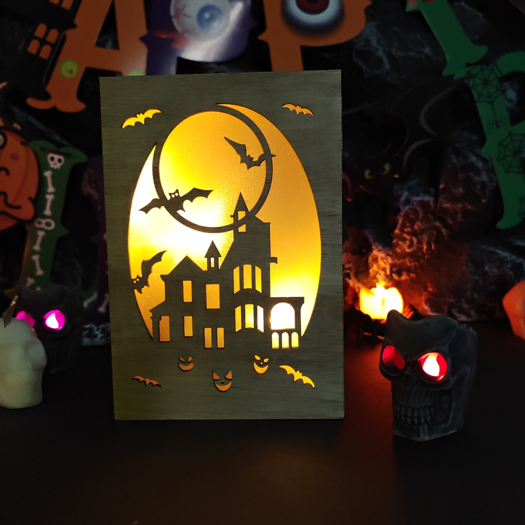 🎃Wooden Handmade Halloween Decoration LED Lights👻