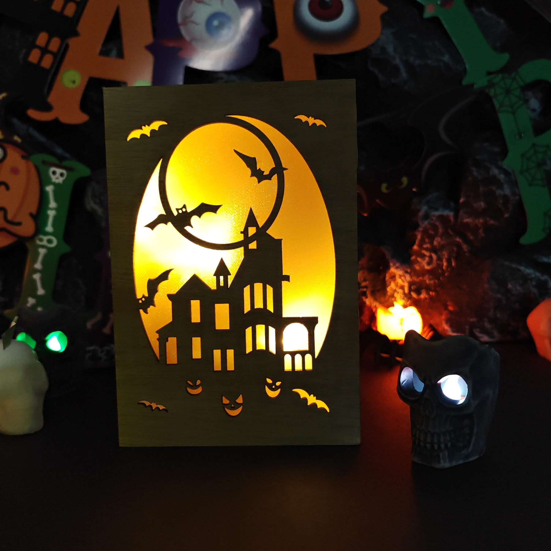 🎃Wooden Handmade Halloween Decoration LED Lights👻