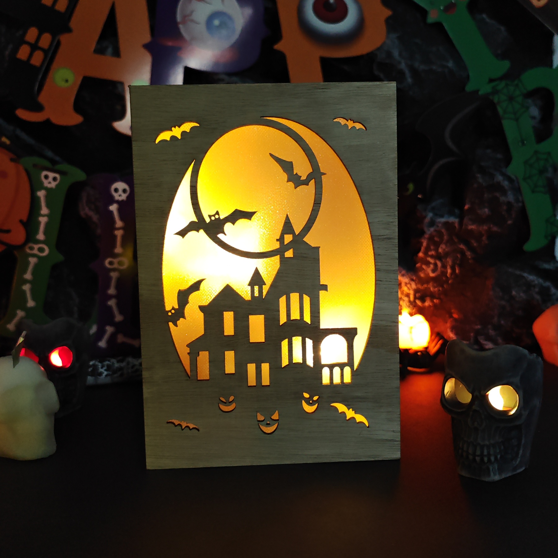 🎃Wooden Handmade Halloween Decoration LED Lights👻