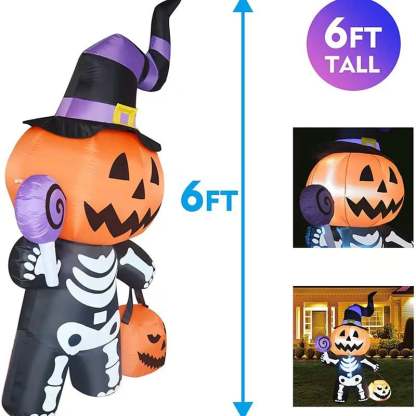 6 FT Outdoor Halloween Inflatables Pumpkin with Skull Body & LED Lights