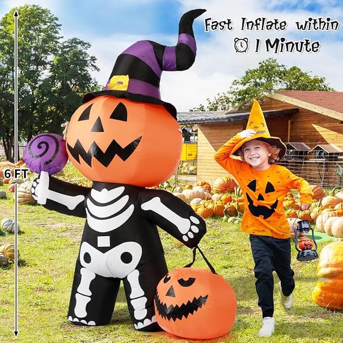 6 FT Outdoor Halloween Inflatables Pumpkin with Skull Body & LED Lights