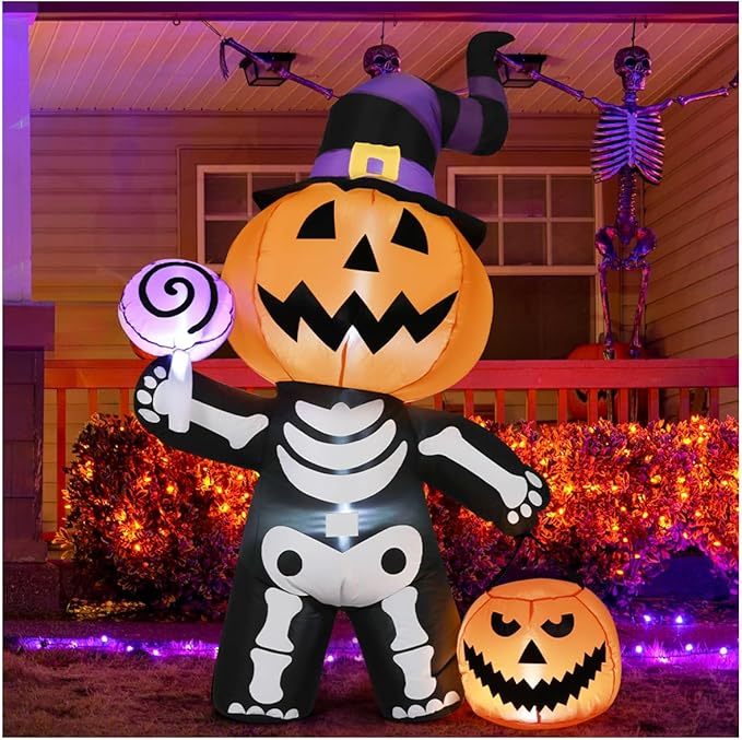 6 FT Outdoor Halloween Inflatables Pumpkin with Skull Body & LED Light