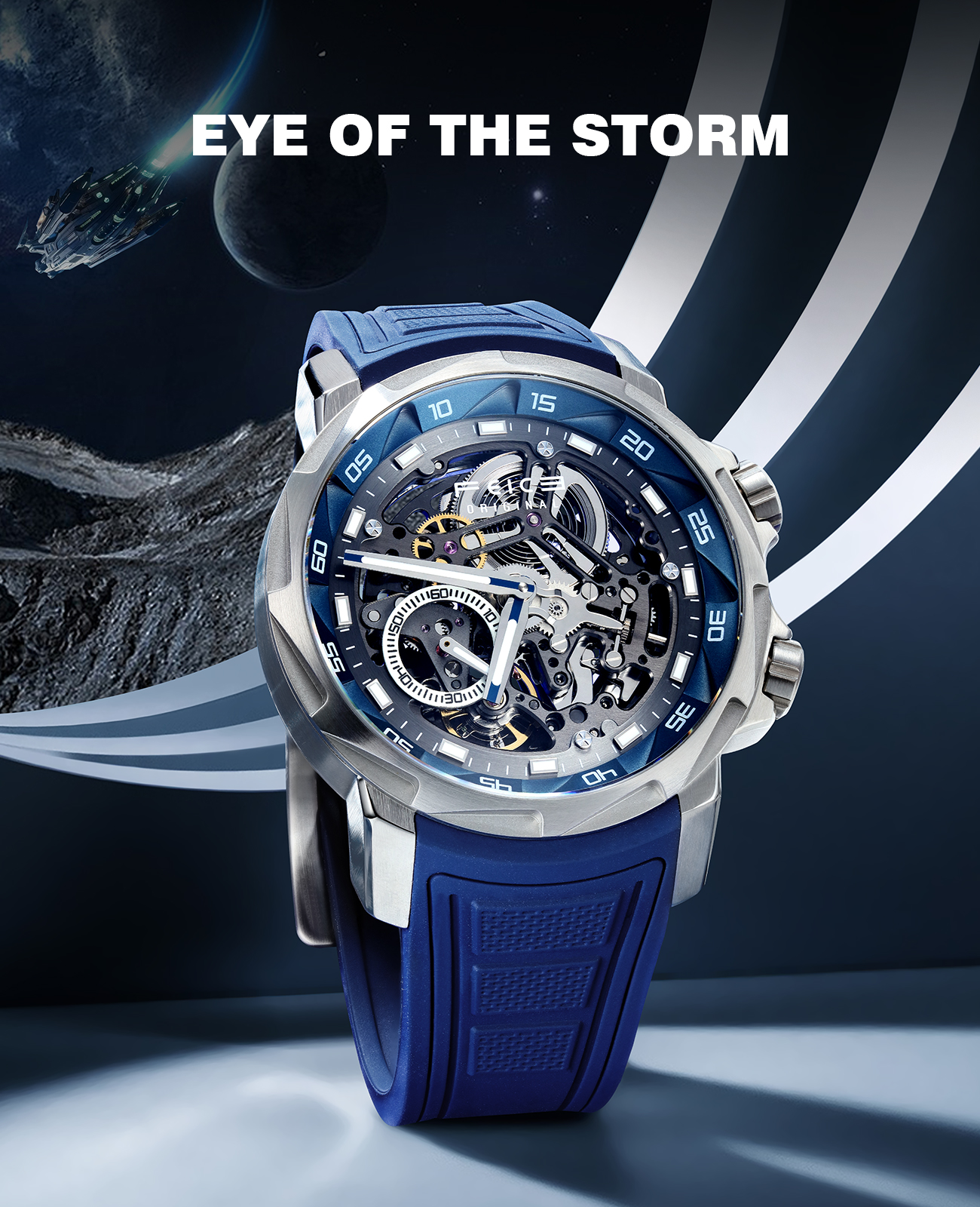 FEICE FM511 Eye of the Storm Automatic Mechanical Watch for Men – Skeleton Design, Luxury Sapphire Crystal, Luminous Hands, Blue Dial (US Warehouse）