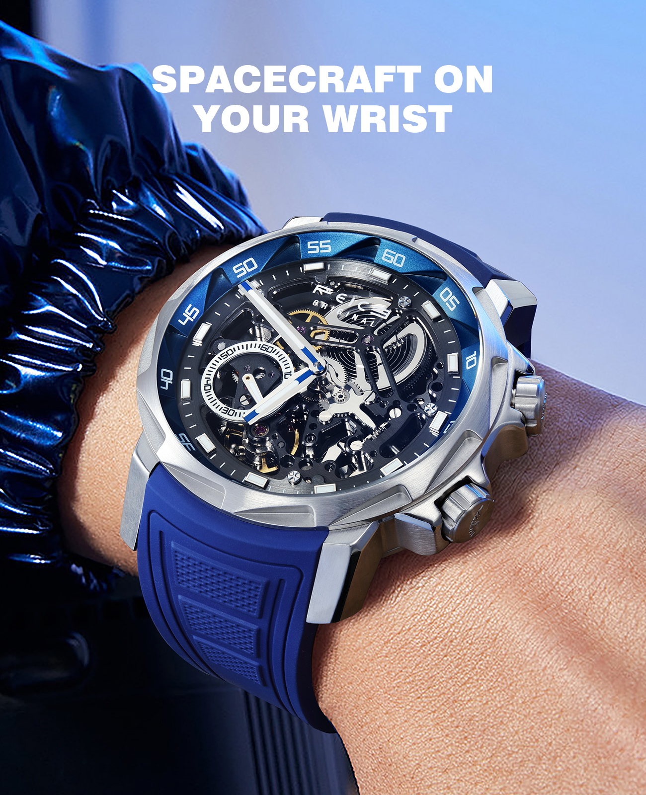 FEICE FM511 Eye of the Storm Automatic Mechanical Watch for Men – Skeleton Design, Luxury Sapphire Crystal, Luminous Hands, Blue Dial (US Warehouse）