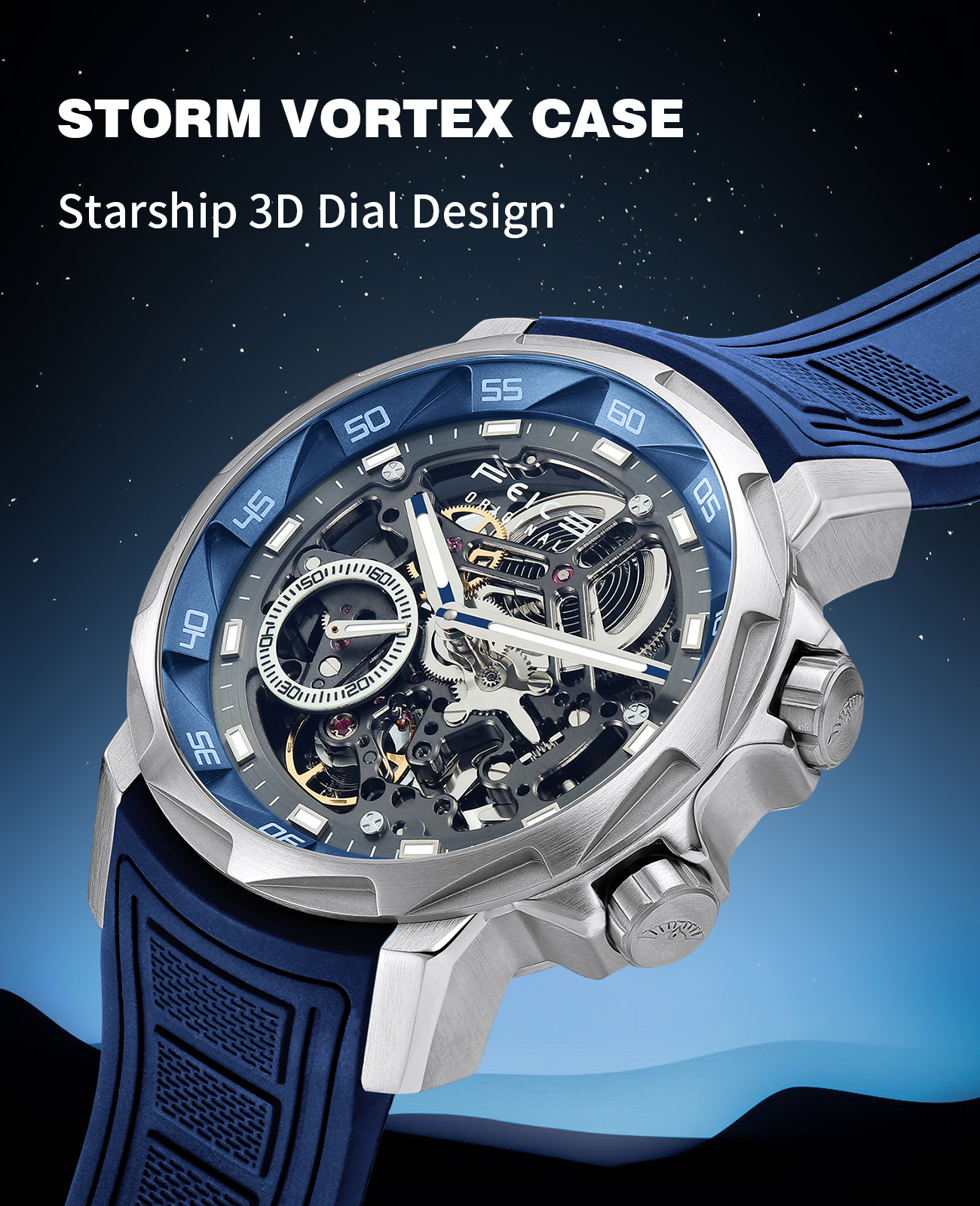 FEICE FM511 Eye of the Storm Automatic Mechanical Watch for Men – Skeleton Design, Luxury Sapphire Crystal, Luminous Hands, Blue Dial (US Warehouse）