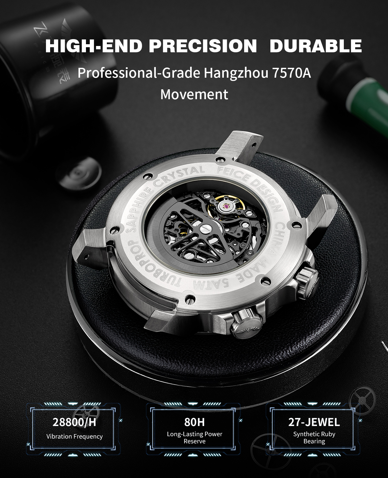 FEICE FM511 Eye of the Storm Automatic Mechanical Watch for Men – Skeleton Design, Luxury Sapphire Crystal, Luminous Hands, Blue Dial (US Warehouse）