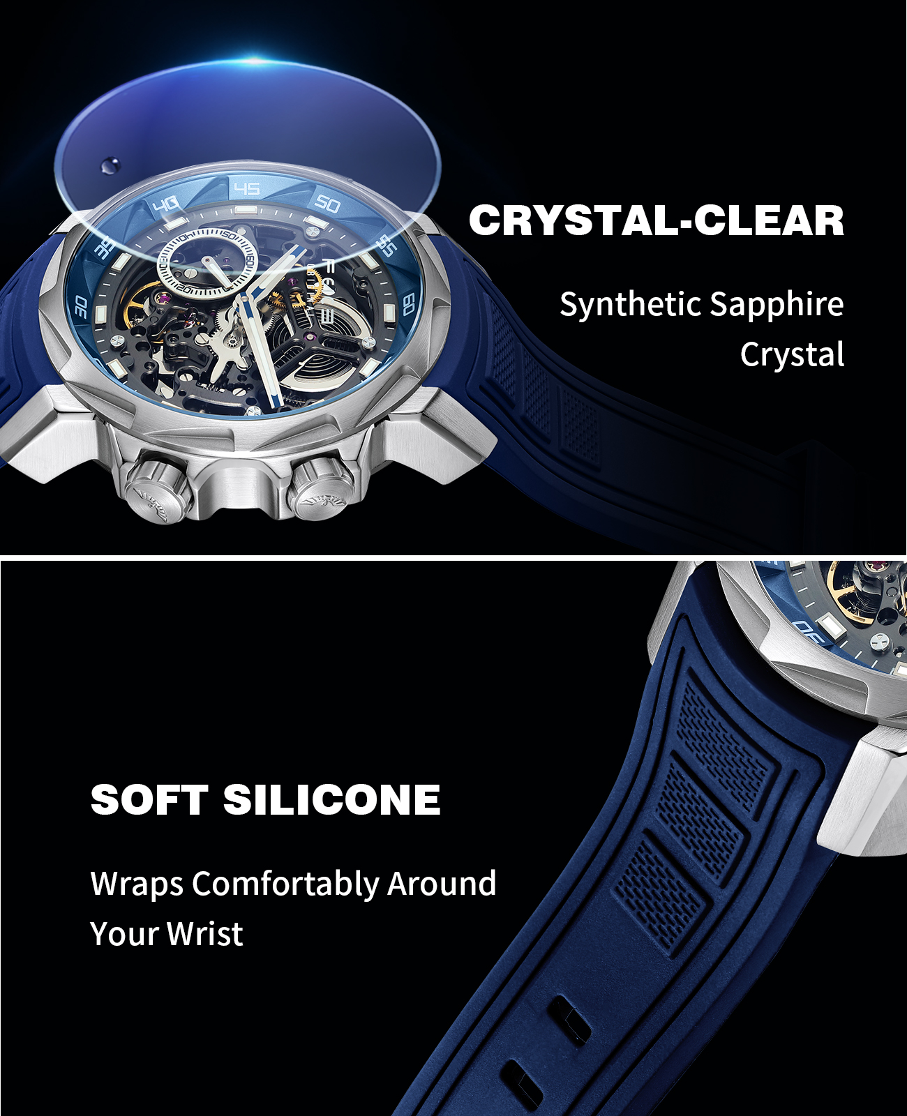 FEICE FM511 Eye of the Storm Automatic Mechanical Watch for Men – Skeleton Design, Luxury Sapphire Crystal, Luminous Hands, Blue Dial (US Warehouse）