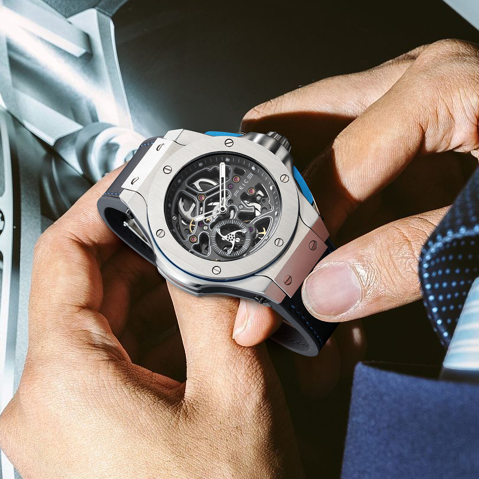 FM701 Skeleton Automatic Watch Men Analog With Stainless Steel Sapphire Mirror Black Silicone Strap