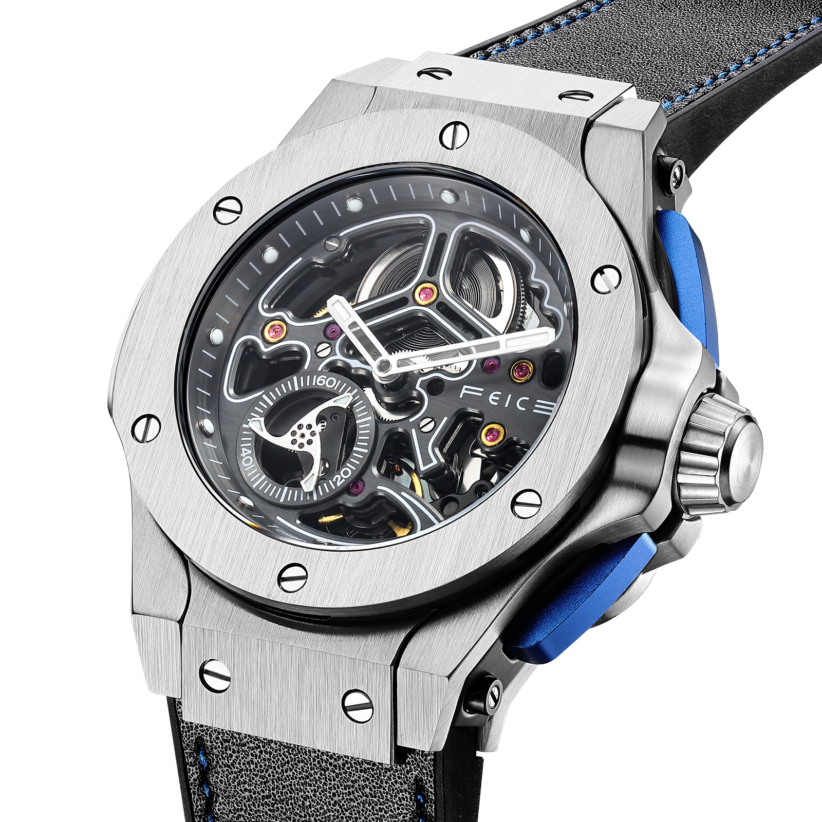 FM701 Skeleton Automatic Watch Men Analog With Stainless Steel Sapphire Mirror Black Silicone Strap