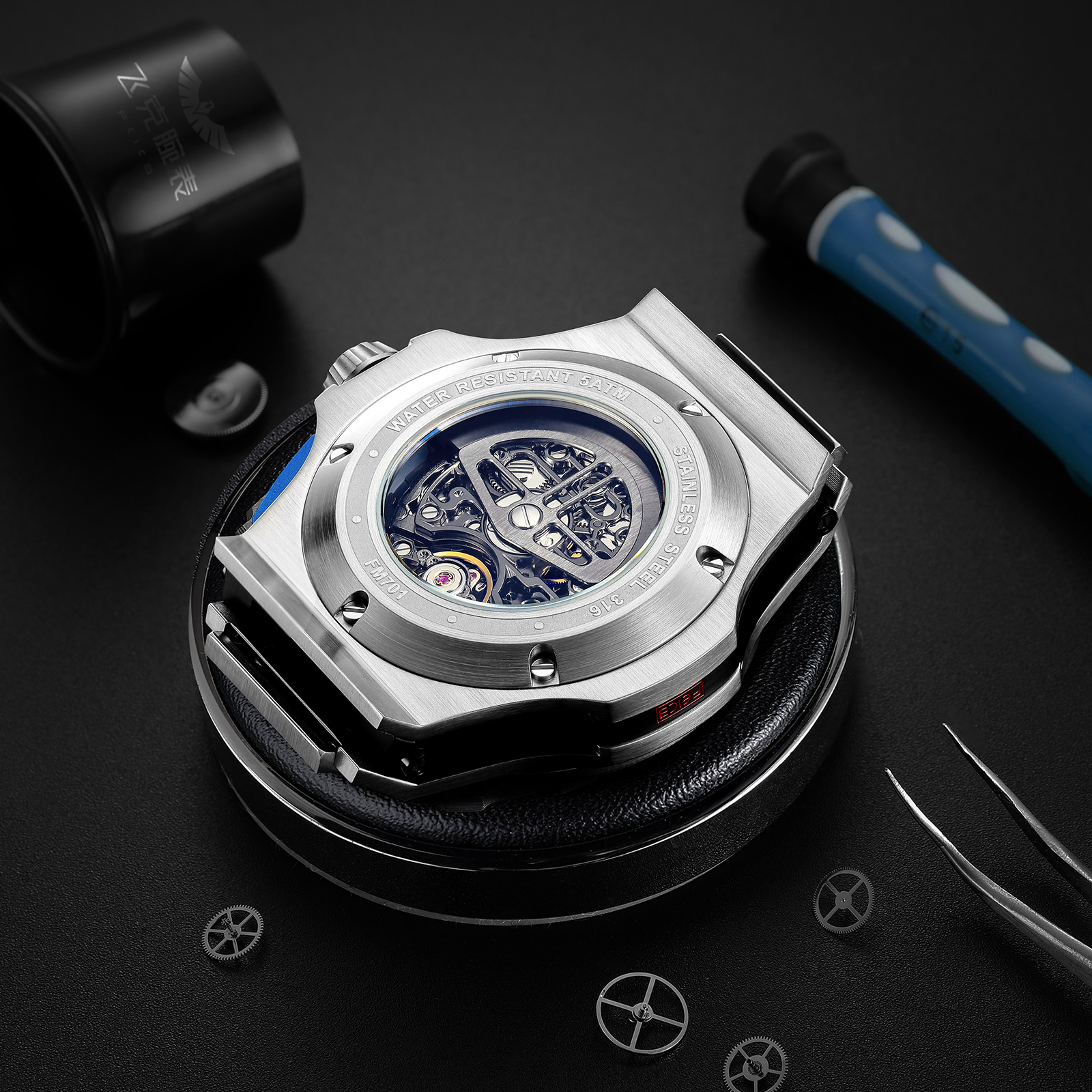 FM701 Skeleton Automatic Watch Men Analog With Stainless Steel Sapphire Mirror Black Silicone Strap