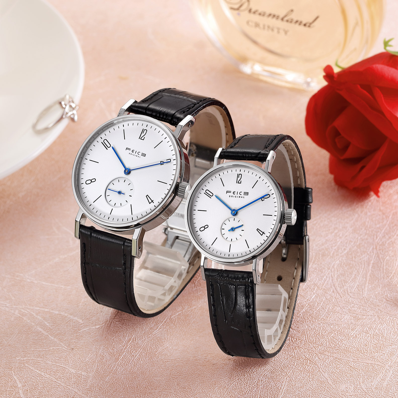 FQ201 Stainless Steel Romantic Pair His and Hers Wrist Watches for Men Women Black White Set of 2