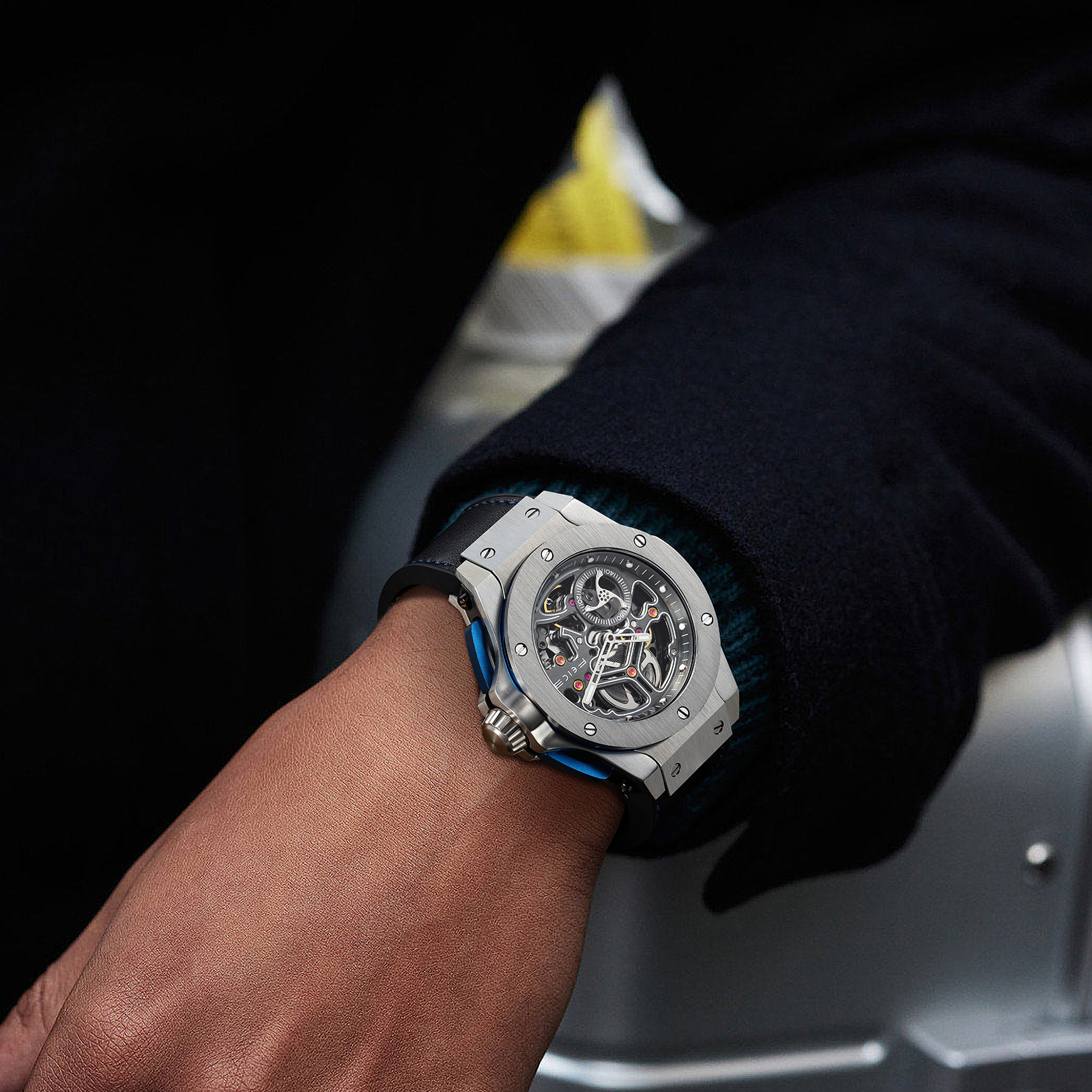 FM701 Skeleton Automatic Watch Men Analog With Stainless Steel Sapphire Mirror Black Silicone Strap