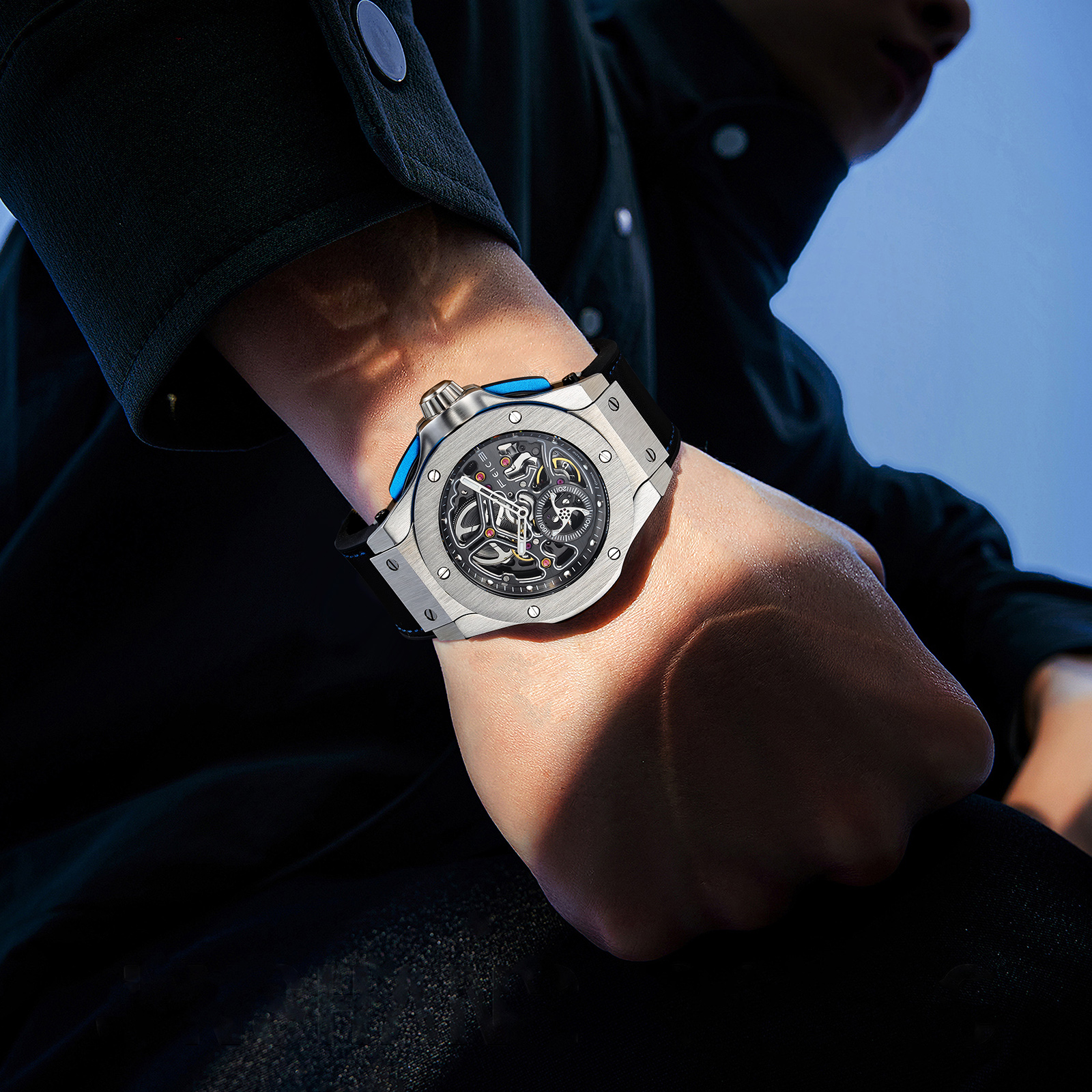 FM701 Skeleton Automatic Watch Men Analog With Stainless Steel Sapphire Mirror Black Silicone Strap