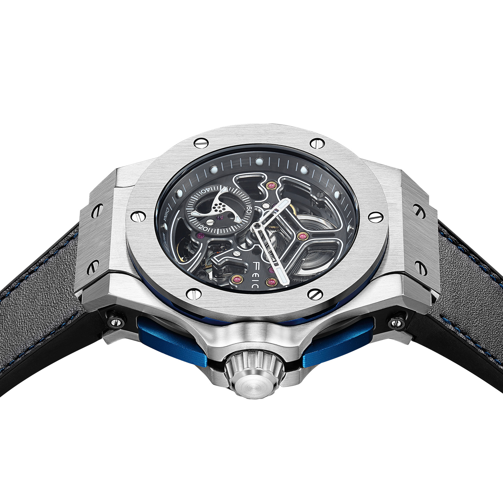 FM701 Skeleton Automatic Watch Men Analog With Stainless Steel Sapphire Mirror Black Silicone Strap