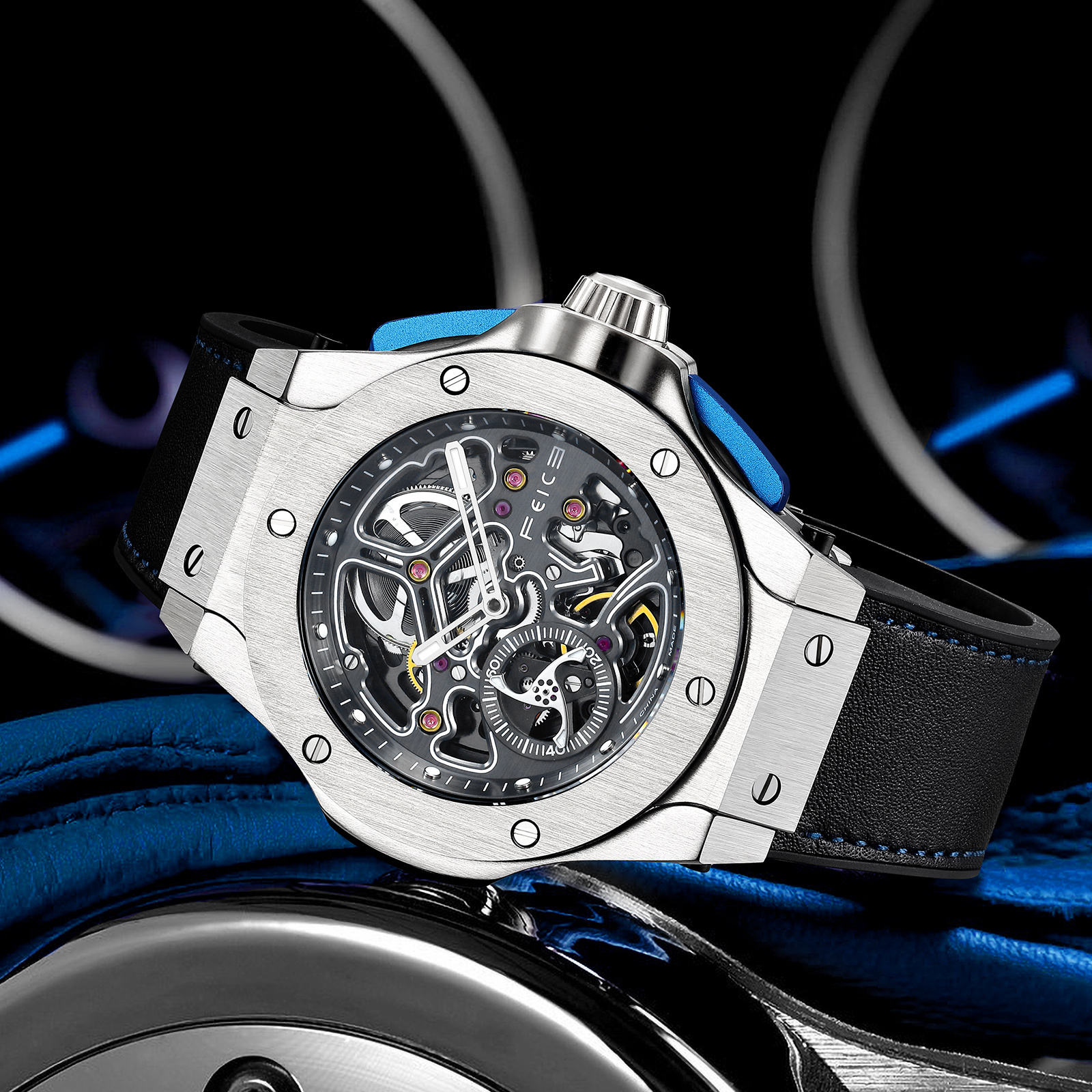 FM701 Skeleton Automatic Watch Men Analog With Stainless Steel Sapphire Mirror Black Silicone Strap