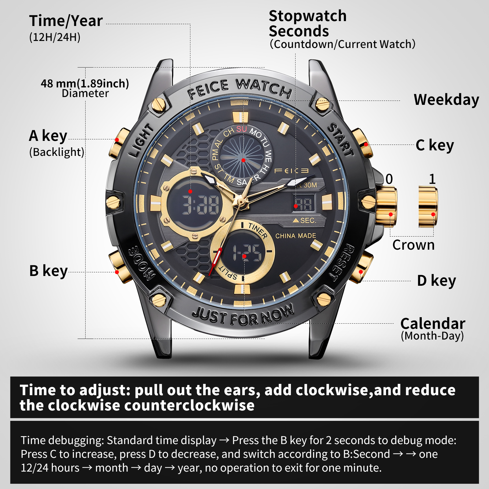 Feice Gold Accented Dual Display Watch - FK036-Feice Watch