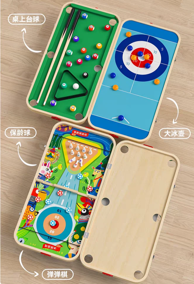 6-in-1 Wooden Tabletop Game Set with Billiards, Traffic Game, Battle Game, Curling, Pinball and Shuffleboard