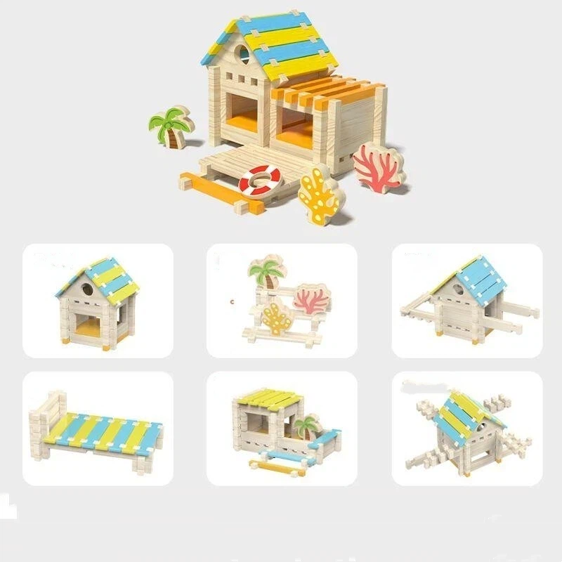 68pcs Mortise & Tenon Wooden Building Block Set – Seaside Cabin Edition