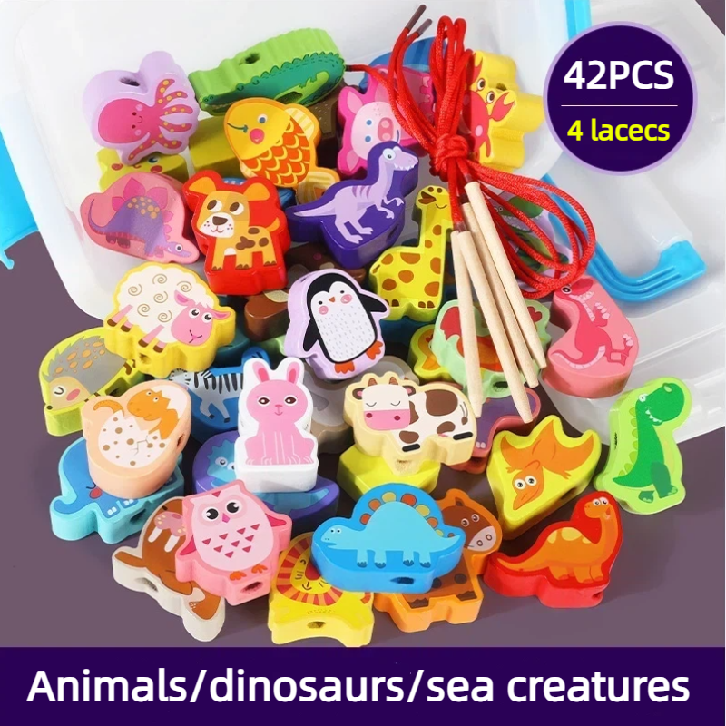 Wooden Animal & Dinosaur Lacing Beads Set – 42PCS