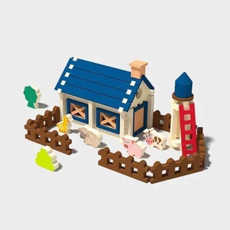 88pcs Mortise & Tenon Wooden Building Block Set – Farmhouse Cabin Edition