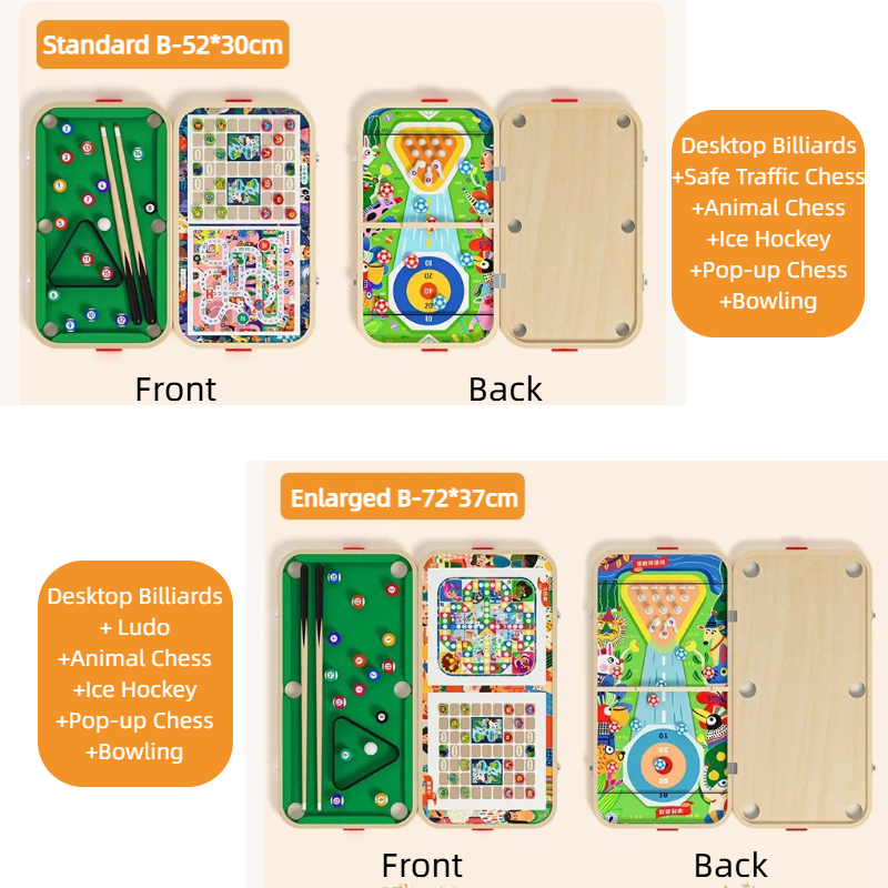 6-in-1 Wooden Tabletop Game Set with Billiards, Traffic Game, Battle Game, Curling, Pinball and Shuffleboard