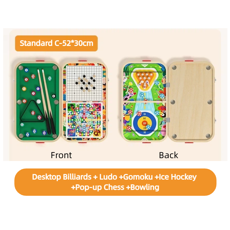 6-in-1 Wooden Tabletop Game Set with Billiards, Flying Chess, GO Game, Curling, Pinball and Shuffleboard