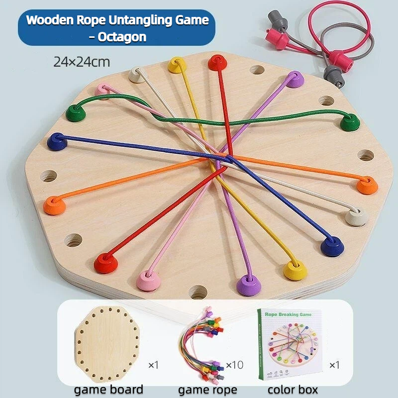 Montessori Wooden Rope Untangling Game – Octagon Logic Puzzle Board