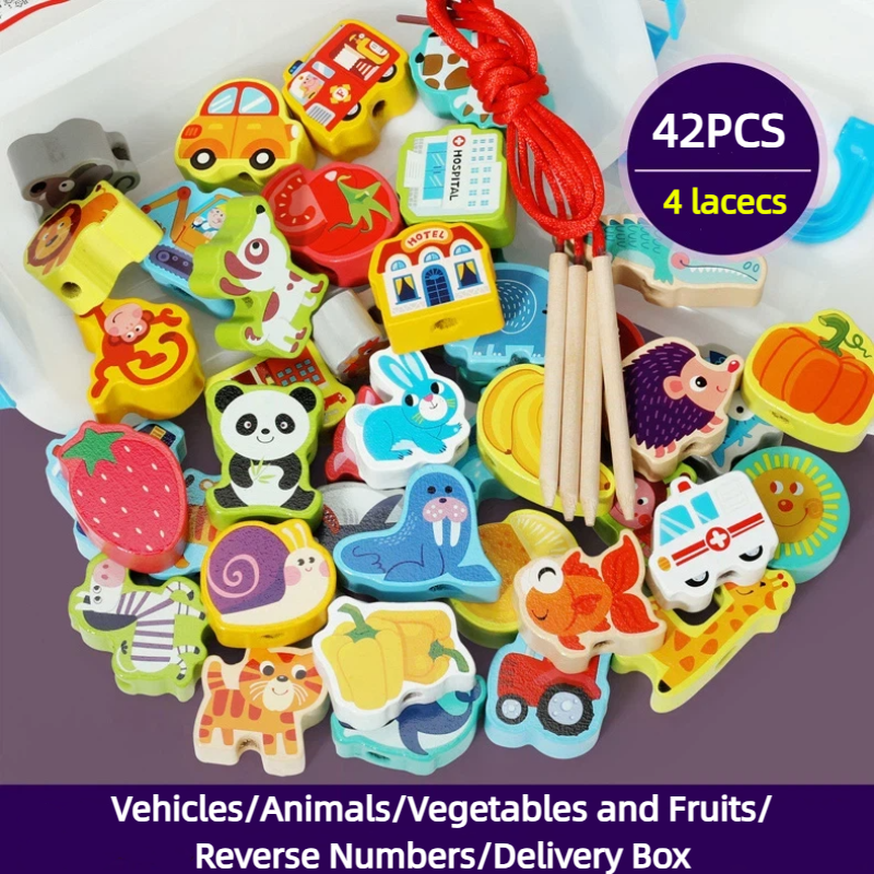 42PCS Wooden Lacing Beads Set