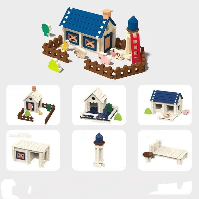 88pcs Mortise & Tenon Wooden Building Block Set – Farmhouse Cabin Edition