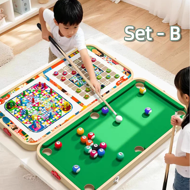6-in-1 Wooden Tabletop Game Set with Billiards, Traffic Game, Battle Game, Curling, Pinball and Shuffleboard
