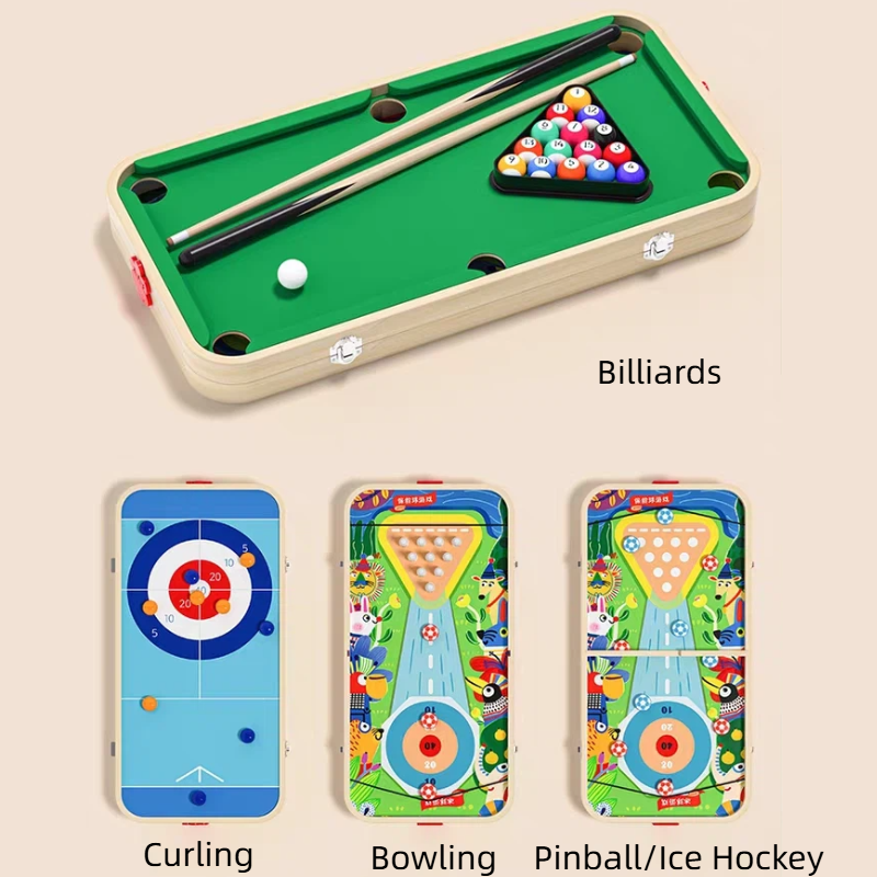 6-in-1 Wooden Tabletop Game Set with Billiards, Traffic Game, Battle Game, Curling, Pinball and Shuffleboard