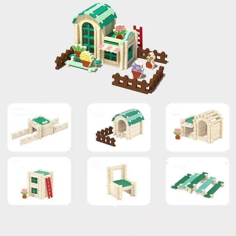 108pcs Mortise & Tenon Wooden Building Block Set – Flower House Cottage Edition