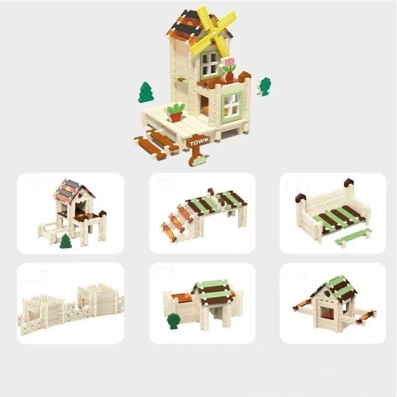 128pcs Mortise & Tenon Wooden Building Block Set – Windmill Cottage Edition