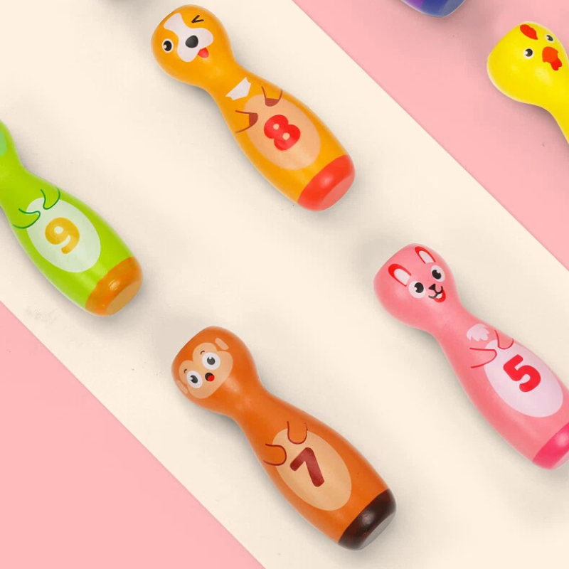 Wooden Number Bowling Toy Set with Animal Pins