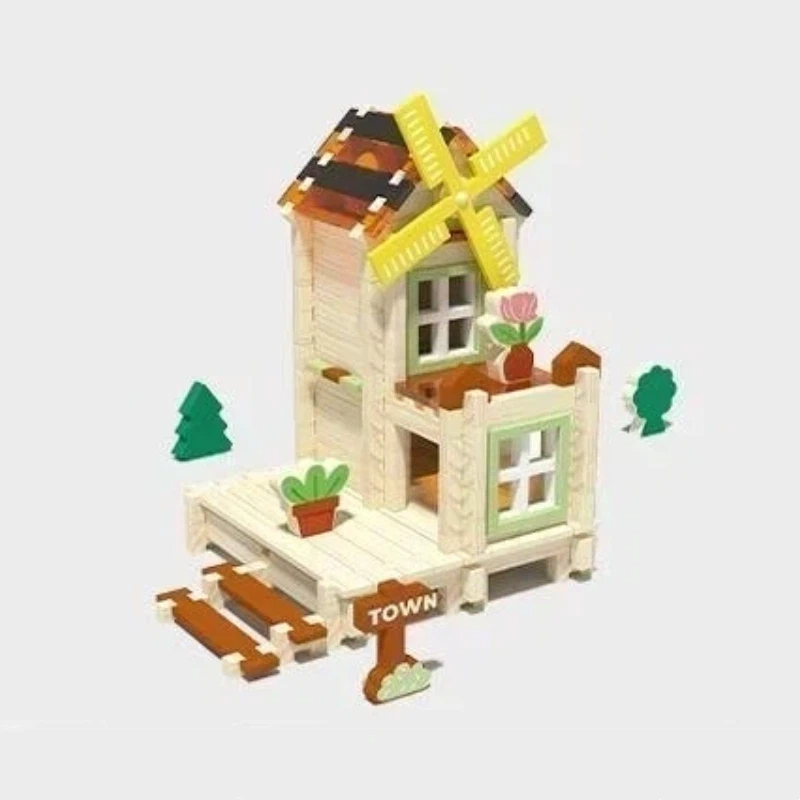 128pcs Mortise & Tenon Wooden Building Block Set – Windmill Cottage Edition