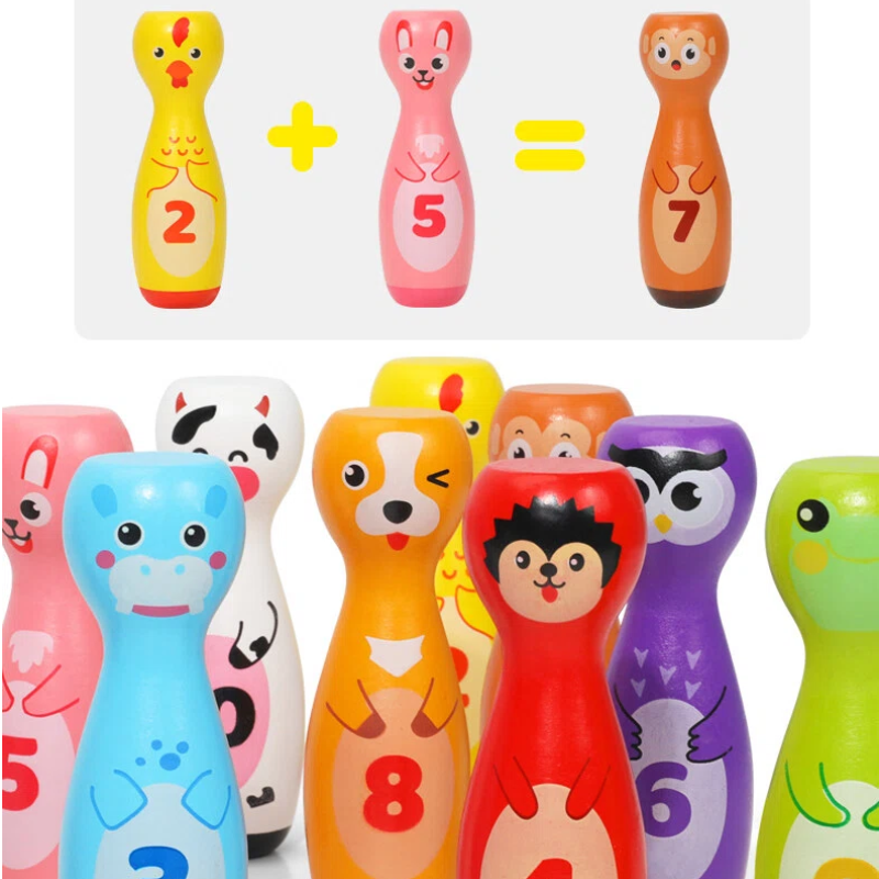 Wooden Number Bowling Toy Set with Animal Pins