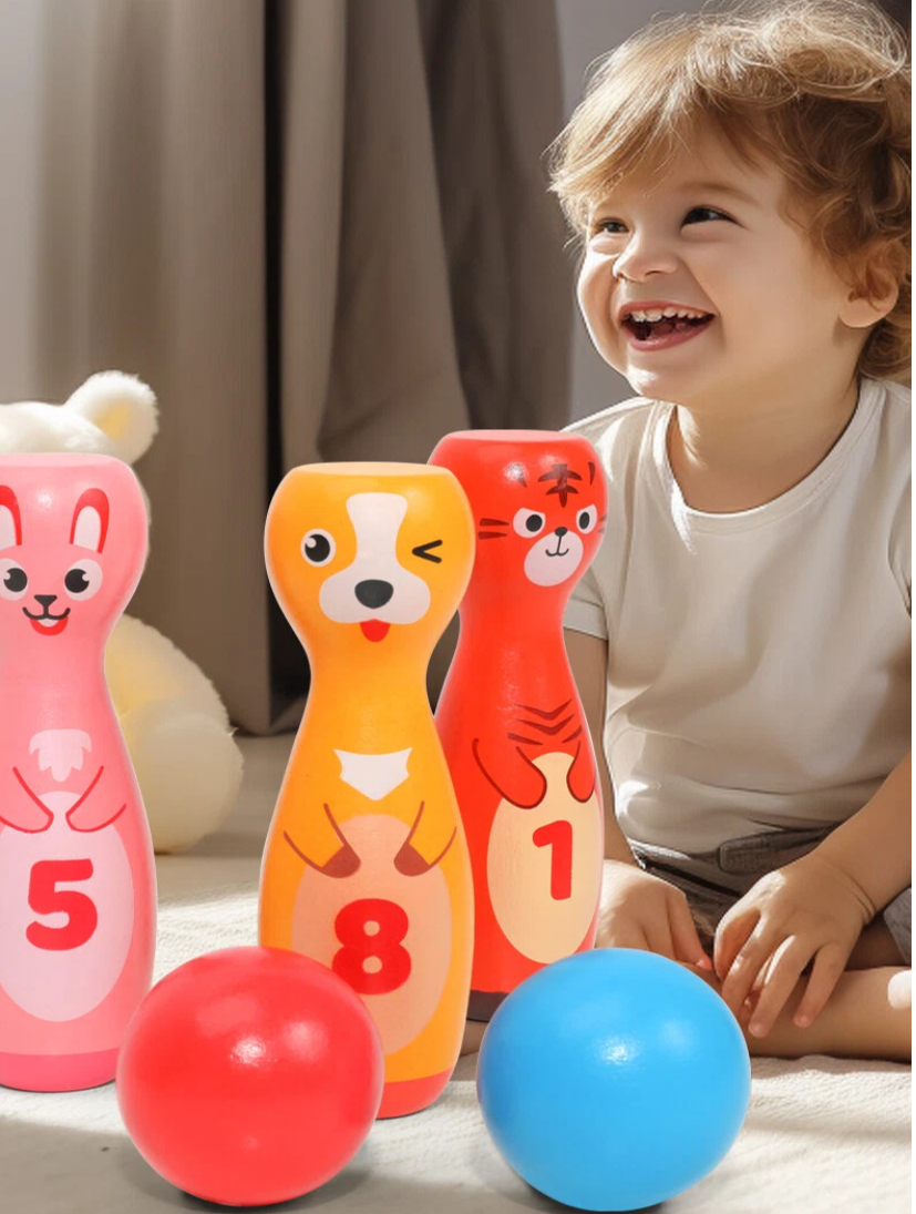 Wooden Number Bowling Toy Set with Animal Pins