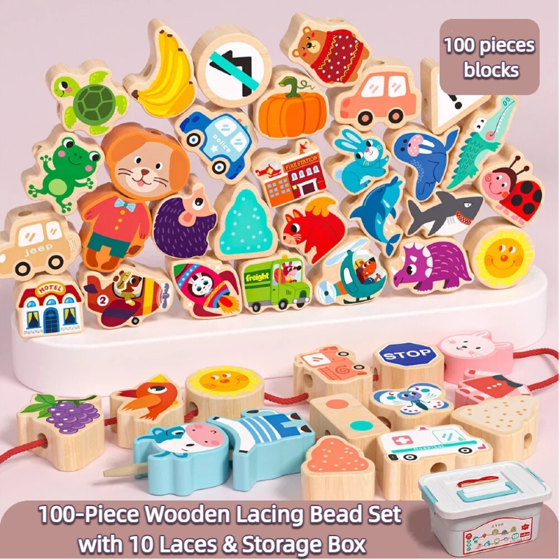 100-Piece Wooden Lacing Bead Set with 10 Laces & Storage Box