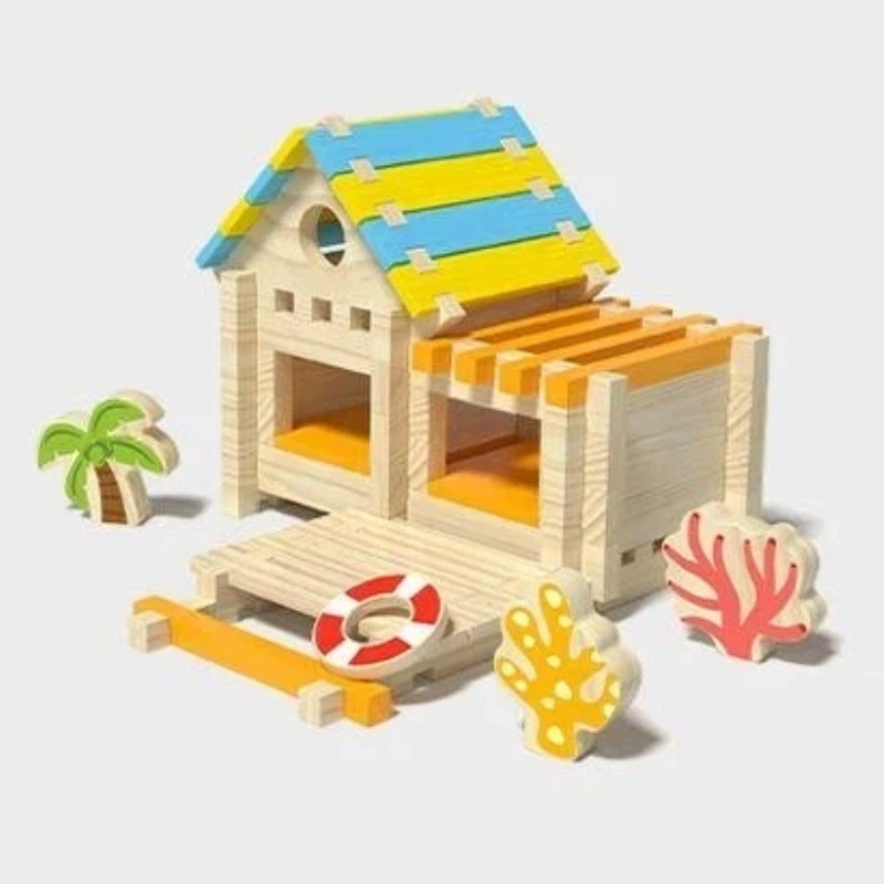 68pcs Mortise & Tenon Wooden Building Block Set – Seaside Cabin Edition