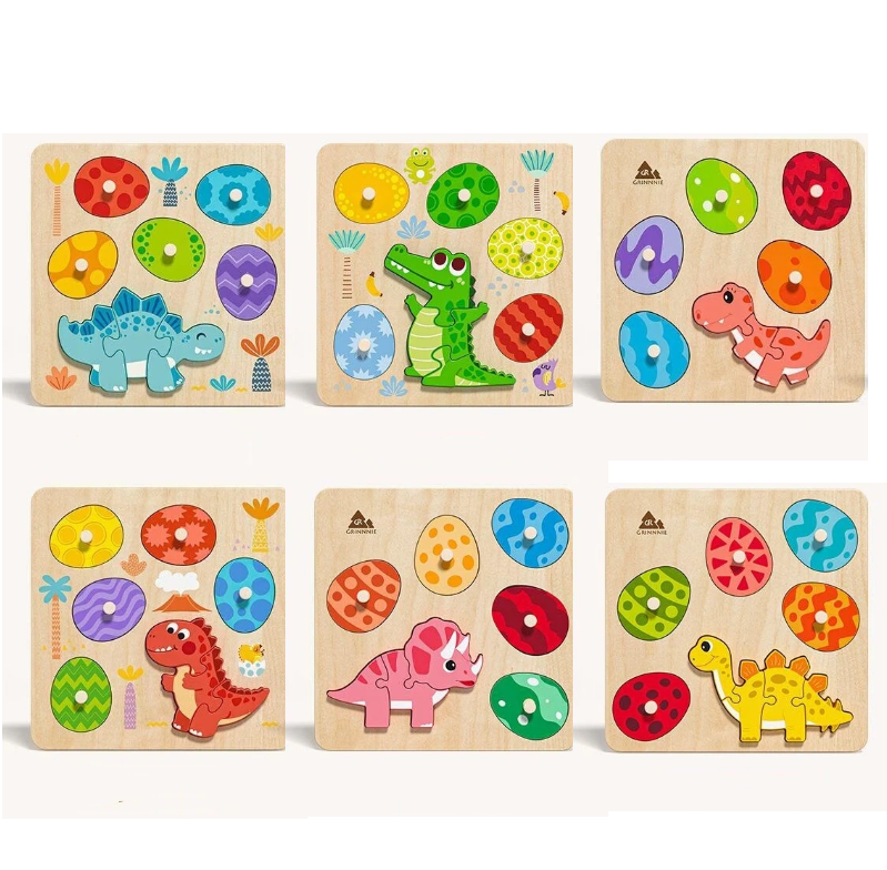 Wooden Dinosaur Peg Puzzle Set – 6 PCS Early Learning Toys