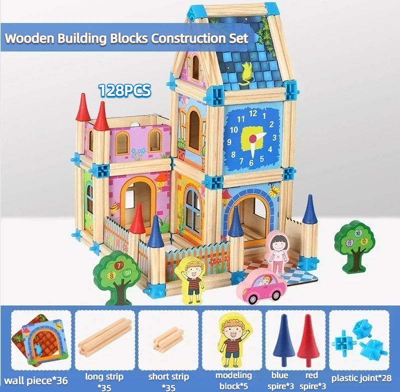 128PCS Wooden Building Blocks Construction Set – Educational Castle & House Toy for Kids