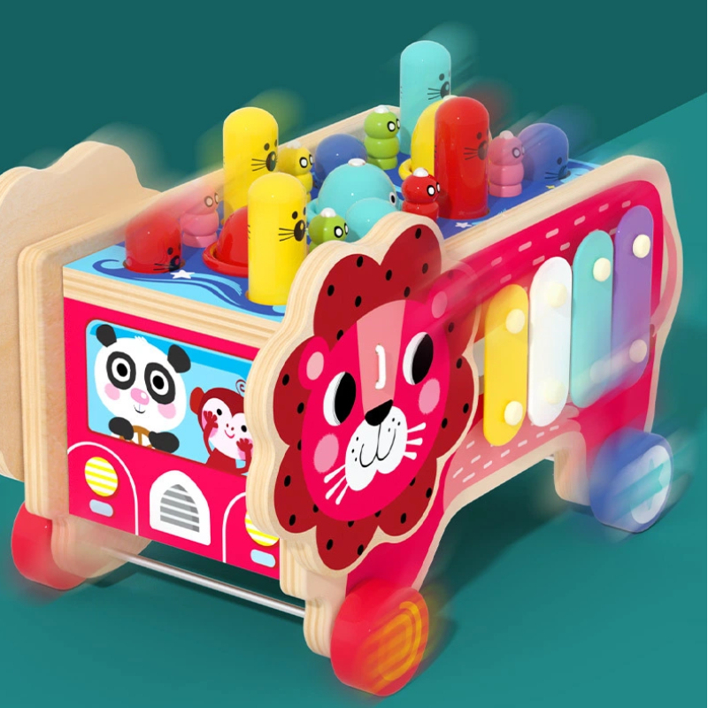 Wooden Lion Activity Car – Multifunctional Montessori Educational Toy for Toddlers | Wholesale Wooden Toy Supplier