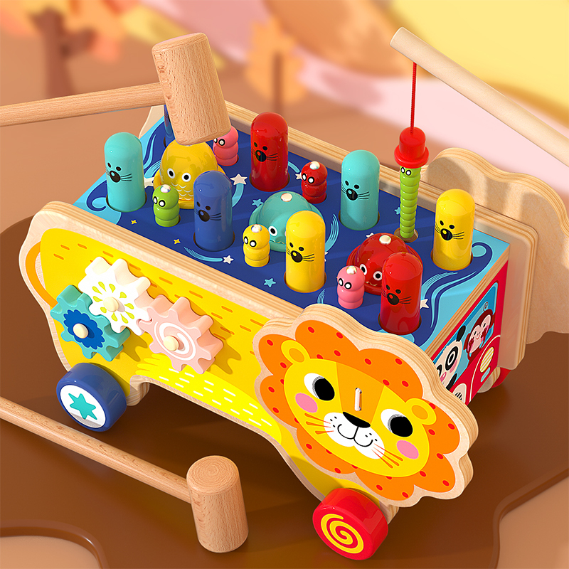 Wooden Lion Activity Car – Multifunctional Montessori Educational Toy for Toddlers | Wholesale Wooden Toy Supplier